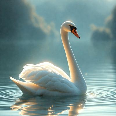 The primary subject of the image is a white swan floating on a body of water. The swan is the main focus of the image, and it appears to be the center of attention. The setting is a serene body of water, with the swan surrounded by a peaceful environment. The visual style of the image is a combination of photo and digital art, creating a realistic yet artistic representation of the swan. The colors and mood of the image are predominantly white and calm, reflecting the tranquility of the scene.